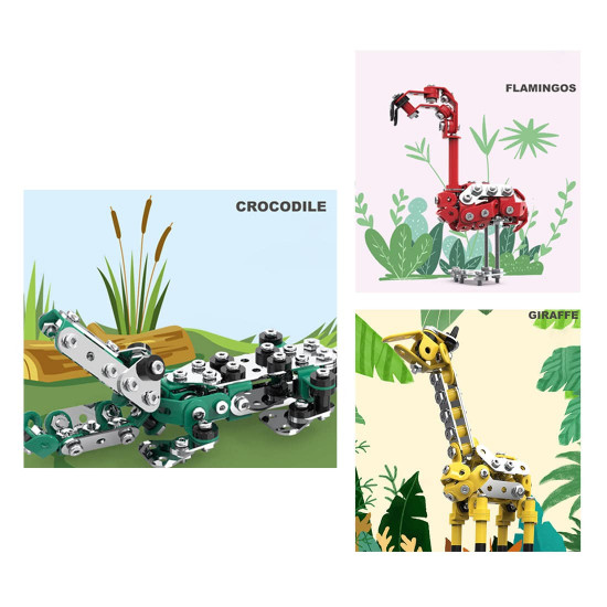 499pcs diy metal assembly model set educational toy (flamingo + giraffe + crocodile)